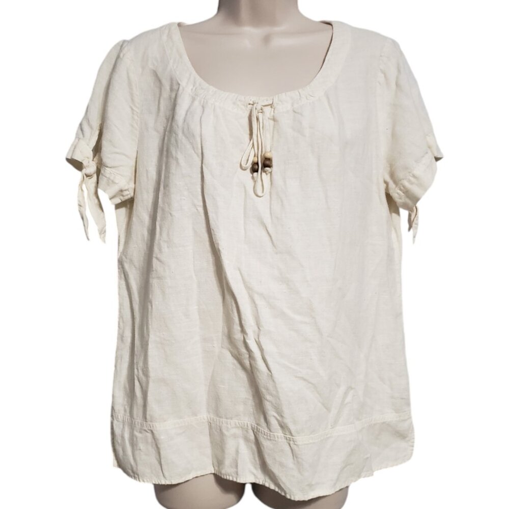 Hot Cotton Linen Blend Popover Top M Tie Sleeves Natural Boho Blouse Wood Beads